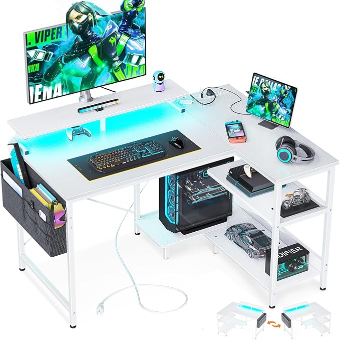 ODK 40 Inch Gaming Desk with USB Charging Ports and LED Lights, Reversible L Shaped Computer Desk with Storage Shelves & Monitor Stand, Corner Home Office Desk Table with Power Outlets, White - LeafyLoom