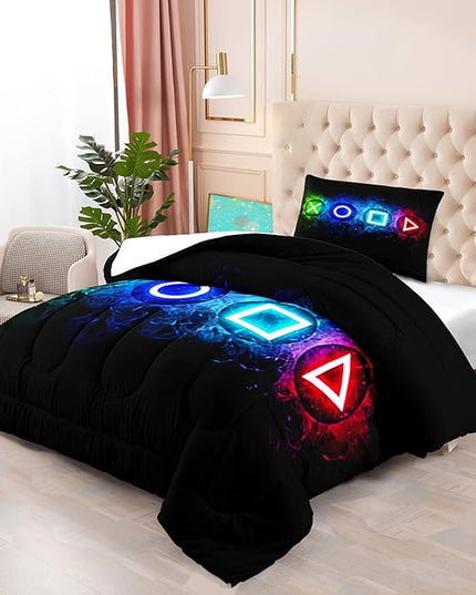 Gamer Comforter Sets for Boys, Twin Gaming Bedding Sets for Boys, Black Video Game Gamepad Twin Bed Sets for Boys Kids Bedroom Home Decor, 1 Comforter and 1 Pillowcase - LeafyLoom