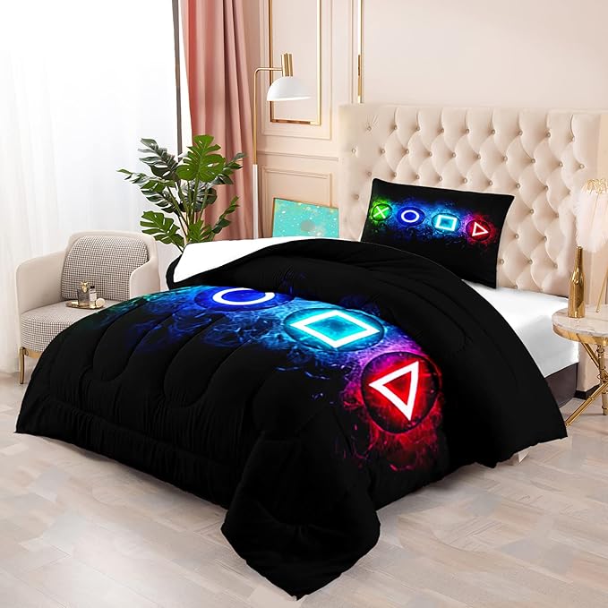 Gamer Comforter Sets for Boys, Twin Gaming Bedding Sets for Boys, Black Video Game Gamepad Twin Bed Sets for Boys Kids Bedroom Home Decor, 1 Comforter and 1 Pillowcase - LeafyLoom