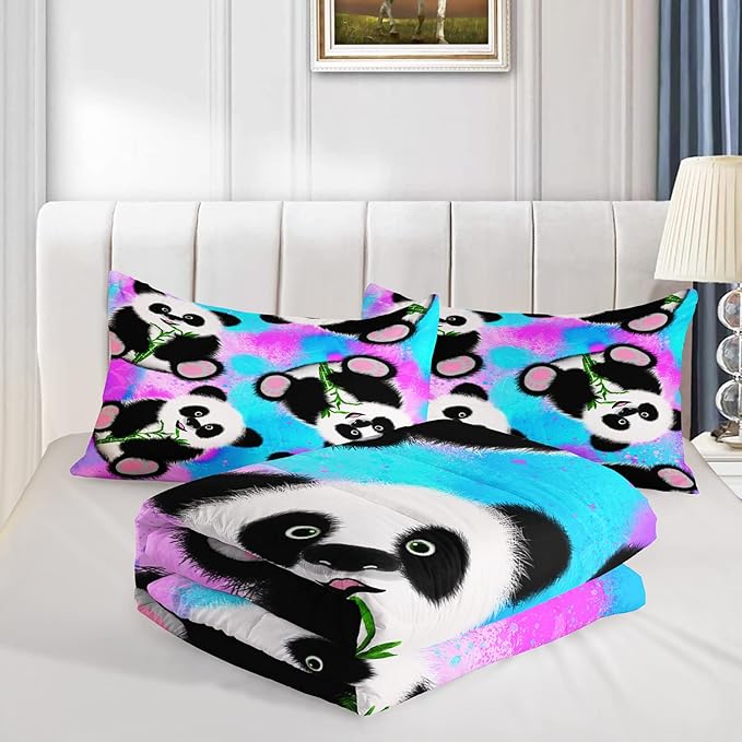 Panda Comforter Full Size,Neon Panda Comforter Set for Kids Teens Girls Boys,3Pcs Bedding Set Printed Comforter with 2 Pillowcases,Down Alternative,Soft and Lightweight，Full Size - LeafyLoom