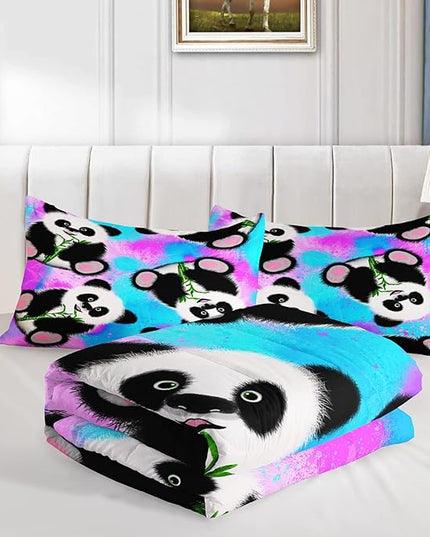Panda Comforter Queen Size,Neon Panda Comforter Set for Kids Teens Girls Boys,3Pcs Bedding Set Printed Comforter with 2 Pillowcases,Down Alternative,Soft and Lightweight，Queen Size - LeafyLoom