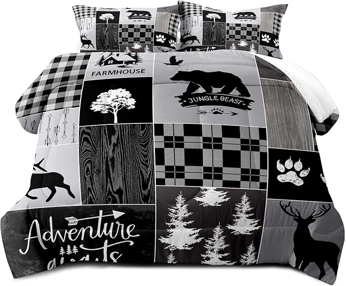 LUVIVIHOME 2PCS Rustic Lodge Comforter Set Twin Size, Farmhouse Cabin Bedding, Black Bear Deer Elk Moose Forest Animal Wildlife Hunting Country Black and White Plaid Patchwork Quilt, 1 Pillow Case - LeafyLoom