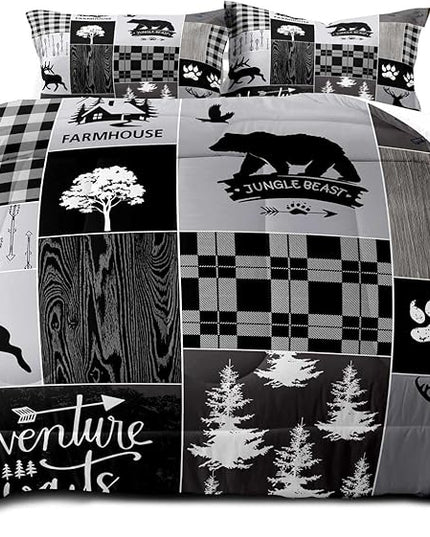 LUVIVIHOME 3PCS Rustic Lodge Comforter Set Queen Size, Farmhouse Cabin Bedding, Black Bear Deer Elk Moose Forest Animal Wildlife Hunting Country Black and White Plaid Patchwork Quilt, 2 Pillow Cases - LeafyLoom