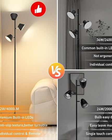 LED Tree Floor Lamp 42W, 4200 Lumens Super Bright Floor Lamps for Living Room with Remote & Touch Control, 3 Rotatable lights 4 Color Temperatures, Modern Tall Standing Lamp for Bedroom Office - LeafyLoom