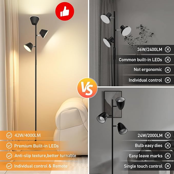 LED Tree Floor Lamp 42W, 4200 Lumens Super Bright Floor Lamps for Living Room with Remote & Touch Control, 3 Rotatable lights 4 Color Temperatures, Modern Tall Standing Lamp for Bedroom Office - LeafyLoom