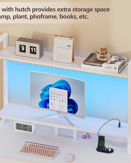 Furologee Small White Computer Desk with Power Outlet and 2 Fabric Drawers, Gaming Desk with LED light, Home Office Desk with Monitor Stand and Hutch for Small Space Working, Study Table with Shelf - LeafyLoom