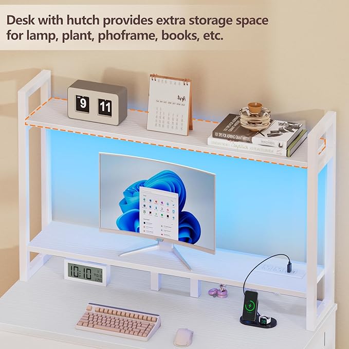 Furologee Small White Computer Desk with Power Outlet and 2 Fabric Drawers, Gaming Desk with LED light, Home Office Desk with Monitor Stand and Hutch for Small Space Working, Study Table with Shelf - LeafyLoom