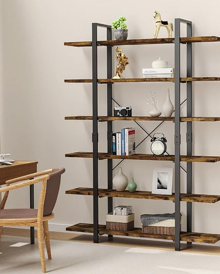 6 Tier Bookshelf, 83 inch Tall Bookcase Industrial Wooden Bookshelves Large Wall Etagere Rustic Vintage Book Shelf with Metal Frame Open Storage Rack for Living Room Home Office - LeafyLoom