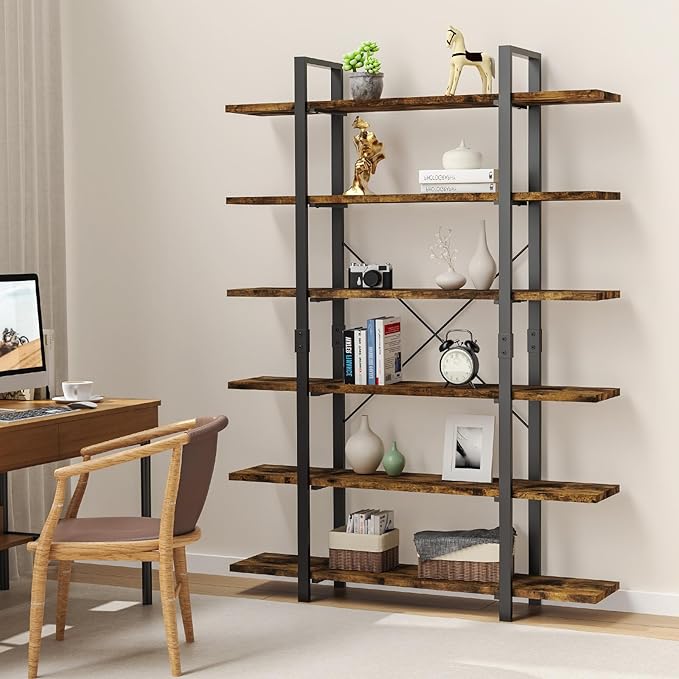 6 Tier Bookshelf, 83 inch Tall Bookcase Industrial Wooden Bookshelves Large Wall Etagere Rustic Vintage Book Shelf with Metal Frame Open Storage Rack for Living Room Home Office - LeafyLoom