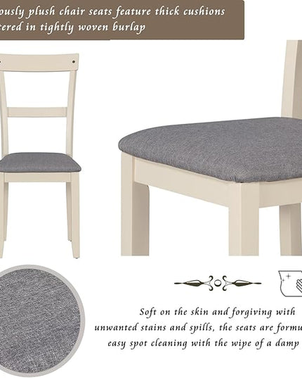 RITSU Classic 5 Piece Industrial Wood Dining Table, Set with 4 Chairs Upholstered in Tightly Woven Burlap w/Smooth Matte Finish for Kitchen, Living Room, Brown&Cottage White, 35inch - LeafyLoom