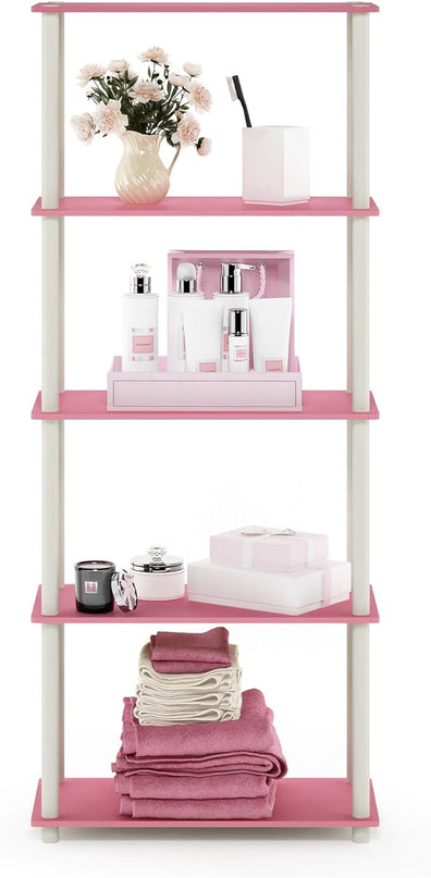 Furinno Turn-N-Tube Multipurpose Shelf / Display Rack / Storage Shelf / Bookshelf, 5-Tier Round Tube, Pink/White - LeafyLoom