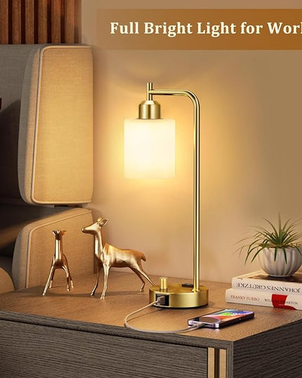 Innqoo Gold Lamp for Bedroom - Industrial Bedside Table Lamp with USB Port and Outlet, Fully Dimmable Nightstand Lamp with Opal Glass Shade, Small Desk Lamps for Home Office - LeafyLoom
