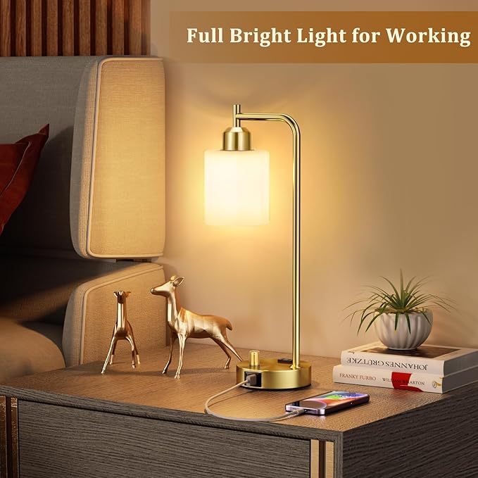 Innqoo Gold Lamp for Bedroom - Industrial Bedside Table Lamp with USB Port and Outlet, Fully Dimmable Nightstand Lamp with Opal Glass Shade, Small Desk Lamps for Home Office - LeafyLoom