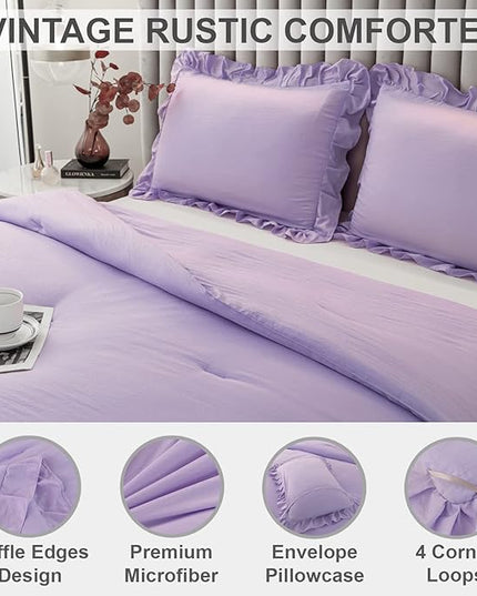 Andency Lavender Ruffle Comforter Full(79x90Inch), 3 Pieces(1 Ruffled Comforter and 2 Pillowcases) Solid Farmhouse Shabby Chic Comforter, Vintage Rustic Soft Microfiber Bedding Set - LeafyLoom