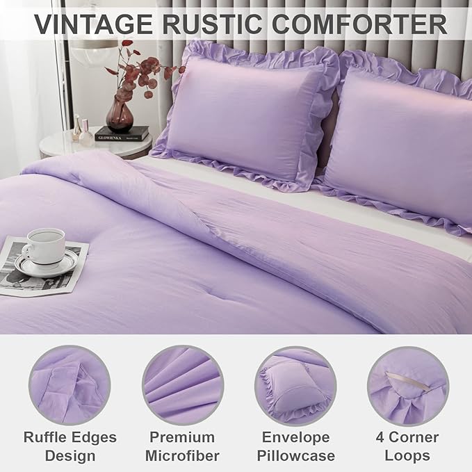 Andency Lavender Ruffle Comforter Full(79x90Inch), 3 Pieces(1 Ruffled Comforter and 2 Pillowcases) Solid Farmhouse Shabby Chic Comforter, Vintage Rustic Soft Microfiber Bedding Set - LeafyLoom