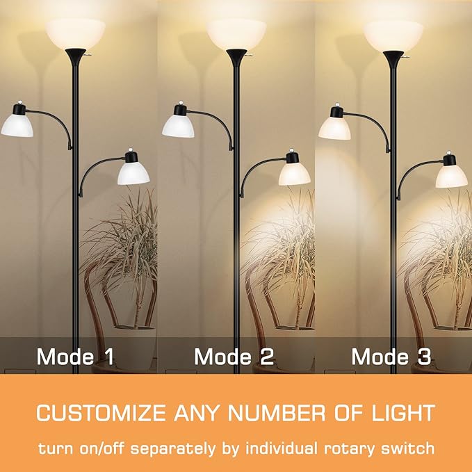 Luvkczc Floor Lamps for Living Room,Torchiere Floor Lamp with 8W Adjustable Reading Lights, Industrial Tall Lamps for Living Room, Bedroom, Office, 3 Bulbs Included - LeafyLoom
