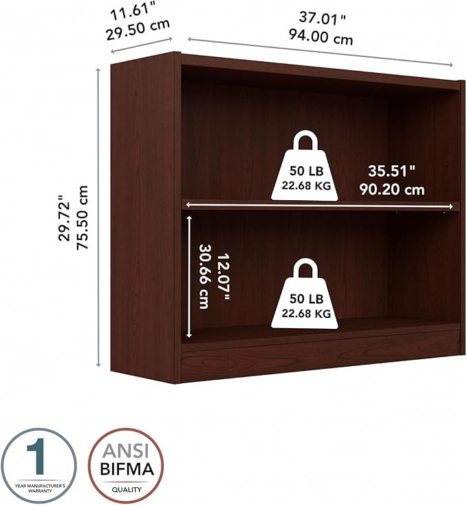 Bush Furniture Universal Small 2 Shelf Bookcase in Vogue Cherry, Low Bookshelf for Home Office or Living Room - LeafyLoom