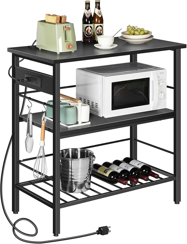 HOOBRO Kitchen Island with Storage, Kitchen Island Table with Power Outlet, 3 Tier Coffee Station and Microwave Stand, for Home, Kitchen and Dining Room, Black BB021ZD01 - LeafyLoom