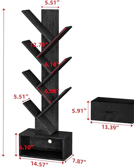 Egepon 6-tier Tree Bookshelf with Drawer Black Book Shelf Storage Rack Floor Standing Bookcase for CDs Movies Books Multifunctional Organizer Shelves for Home Office Living Room Bedroom - LeafyLoom