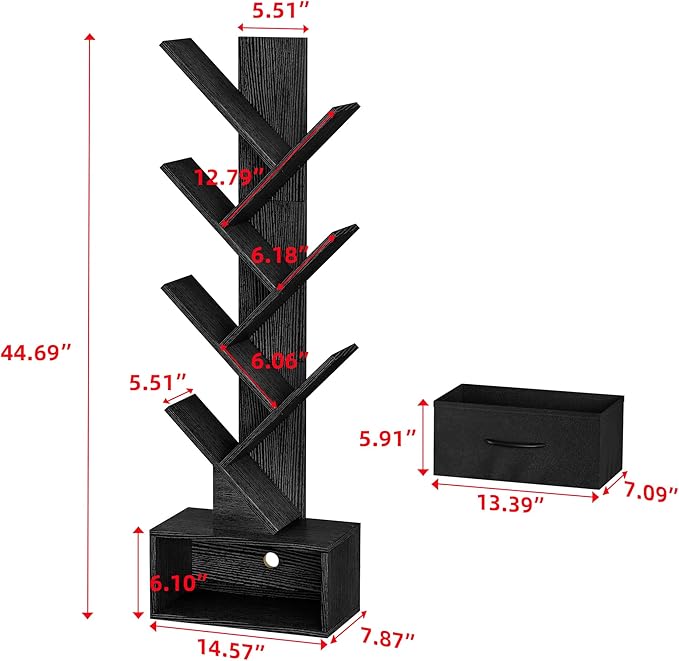 Egepon 6-tier Tree Bookshelf with Drawer Black Book Shelf Storage Rack Floor Standing Bookcase for CDs Movies Books Multifunctional Organizer Shelves for Home Office Living Room Bedroom - LeafyLoom
