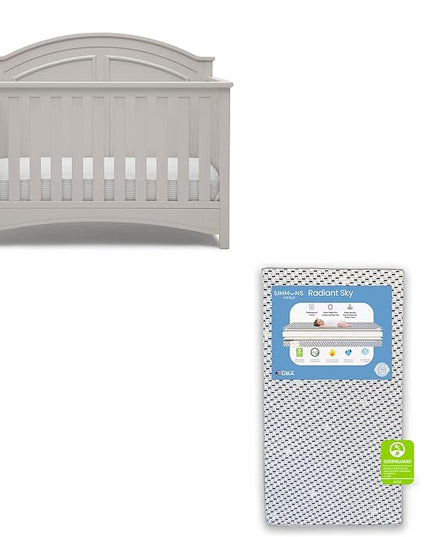 Delta Children Perry 6-in-1 Convertible Crib - Greenguard Gold Certified, Moonstruck Grey + Simmons Kids Radiant Sky Dual Sided Baby Crib Mattress and Toddler Mattress (Bundle) - LeafyLoom