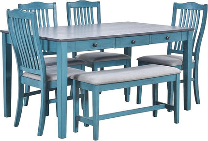 Mid-Century 6-Piece Wood Dining Table Set with Storage Drawer, Upholstered Chairs and Bench, Walnut Tabletop Kitchen Furniture for Living Room, Small Apartments, Antique Blue - LeafyLoom