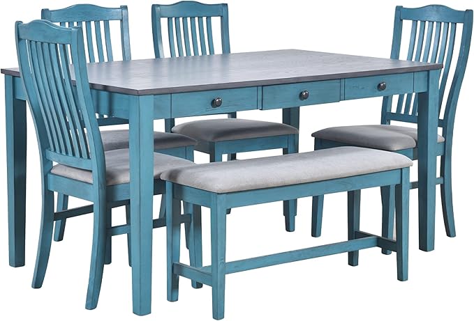 Mid-Century 6-Piece Wood Dining Table Set with Storage Drawer, Upholstered Chairs and Bench, Walnut Tabletop Kitchen Furniture for Living Room, Small Apartments, Antique Blue - LeafyLoom