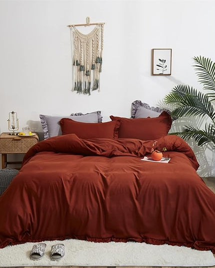 Rust Ruffled Comforter Set King Size Bedding Set Women Caramel Ruffles Blanket Men Burnt Orange Ruffled Comforter Farmhouse Ruffle Fringe Design Girls 3 PCs Cinnamon Color Ruffled Bedding Set - LeafyLoom