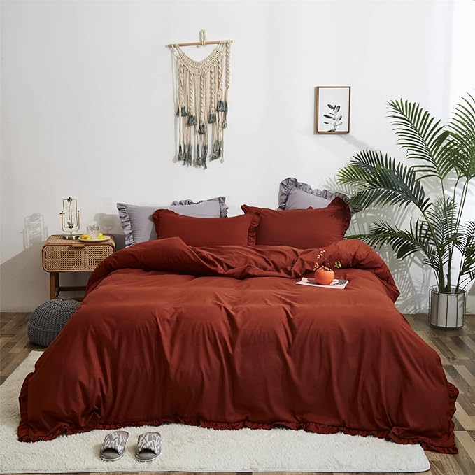 Rust Ruffled Comforter Set King Size Bedding Set Women Caramel Ruffles Blanket Men Burnt Orange Ruffled Comforter Farmhouse Ruffle Fringe Design Girls 3 PCs Cinnamon Color Ruffled Bedding Set - LeafyLoom