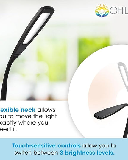 OttLite LED Desk Lamp with Flexible Neck (Black) - Slim Desk Lamp with 3 Brightness Settings & Touch Activated Controls - Energy-Efficient Natural Daylight LEDs for Home Office, Desk, & Dorms - LeafyLoom