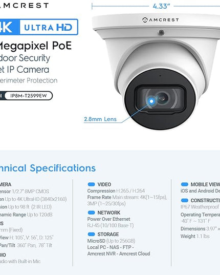 Amcrest 4K POE Security Camera System with 4K 8Ch PoE NVR (4) x 4K (8 Megapixel) Turret IP POE Cameras (3840x2160) Pre Installed 2TB Hard Drive NV4108E-IP8M-T2599EW4-2TB Amcrest