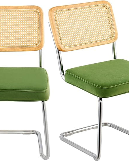 VEVOR Rattan Dining Chairs Set of 2, Mid Century Modern Dining Chair, Upholstered Velvet Accent Chair with Rattan Back, Retro Dining Room Kitchen Chair for Living Room, Bedroom, Office (18.1 Inch) - LeafyLoom