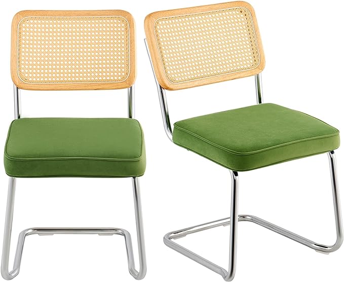 VEVOR Rattan Dining Chairs Set of 2, Mid Century Modern Dining Chair, Upholstered Velvet Accent Chair with Rattan Back, Retro Dining Room Kitchen Chair for Living Room, Bedroom, Office (18.1 Inch) - LeafyLoom