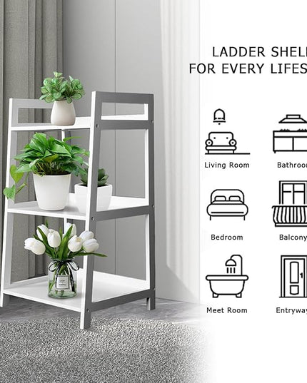 ECOMEX 3-Tier Ladder Shelf Modern Style Shelf, Ladder Bookshelf Open Storage Rack Wood Ladder Shelf with Solid Pine Frame, Freestanding Ladder Shelves for Home Office, Bedroom (White) - LeafyLoom