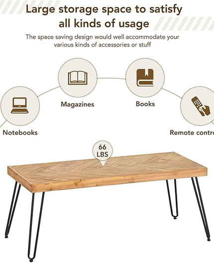 Modern Wood Coffee Table, 1.9 "thickness Coffee Table for Living Room Chevron Pattern & Metal Hairpin Legs - LeafyLoom