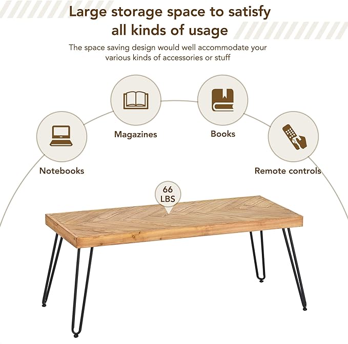Modern Wood Coffee Table, 1.9 "thickness Coffee Table for Living Room Chevron Pattern & Metal Hairpin Legs - LeafyLoom