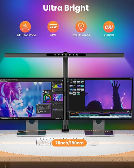 LED Desk Lamp with RGB Backlight, 24W Ultra Bright Table Lamps for Home Office, 60" Timer, 25 Lighting Modes,Eye Care Clamp Light for Gaming Reading Working - LeafyLoom