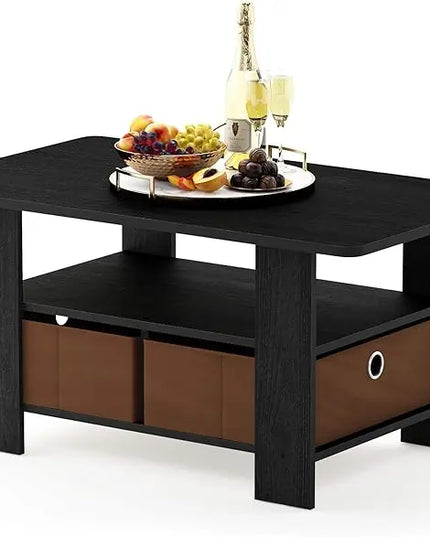 Furinno Andrey Coffee Table with Bin Drawer, Americano/Medium Brown, Small Non-Lift Top - LeafyLoom
