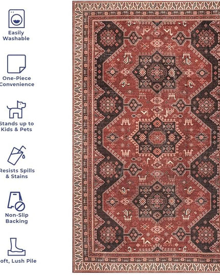 nuLOOM Kathryn Machine Washable Traditional Rustic Ultra Thin Area Rug, 8' x 10', Red - LeafyLoom