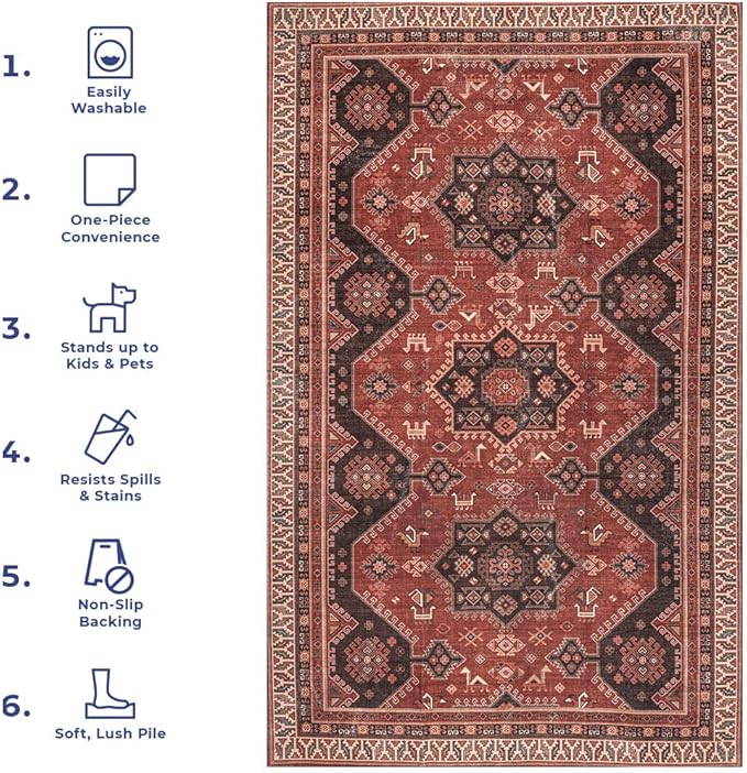 nuLOOM Kathryn Machine Washable Traditional Rustic Ultra Thin Area Rug, 8' x 10', Red - LeafyLoom