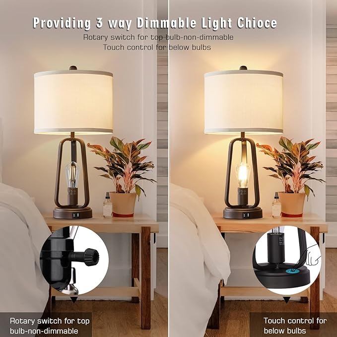 Luvkczc Modern Farmhouse Table Lamp Set of 2, Table Lamps with USB Port, 3-Way Dimmable Bedside Touch Lamp with Rotary Switch, Rustic Industrial Lamps for Bedroom Living Room, Bulbs Included - LeafyLoom