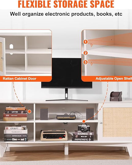 VEVOR Rattan TV Stand for 75in TV, Boho TV Stand with Rattan Door, Entertainment Center with Build-in Socket, Storage Cabinet with 2 Shelves, Modern TV Console for Living Room, Media Room, White - LeafyLoom
