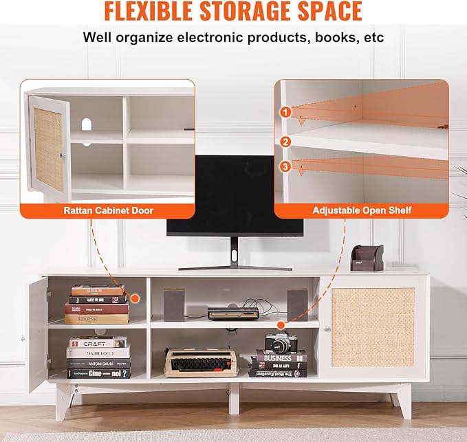 VEVOR Rattan TV Stand for 75in TV, Boho TV Stand with Rattan Door, Entertainment Center with Build-in Socket, Storage Cabinet with 2 Shelves, Modern TV Console for Living Room, Media Room, White - LeafyLoom