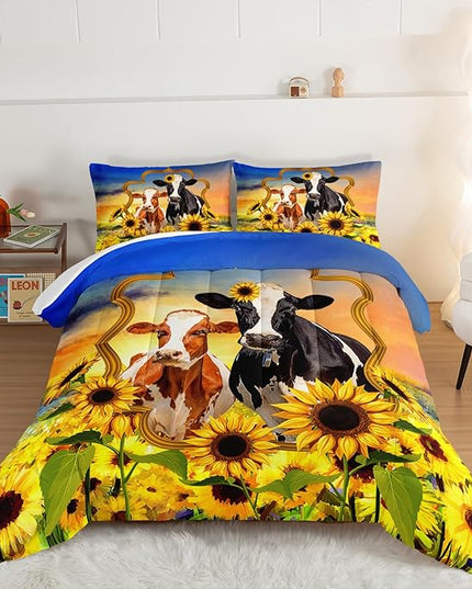HOSIMA Animal Theme Bedding Set Bull and Cow Comforter with 2 Pillowcases,Sunflower Twin Bed in a Bag Sets for Adults Teens Kids,Brown Cowhide Black White Cow Print Western Bedding Sets. - LeafyLoom