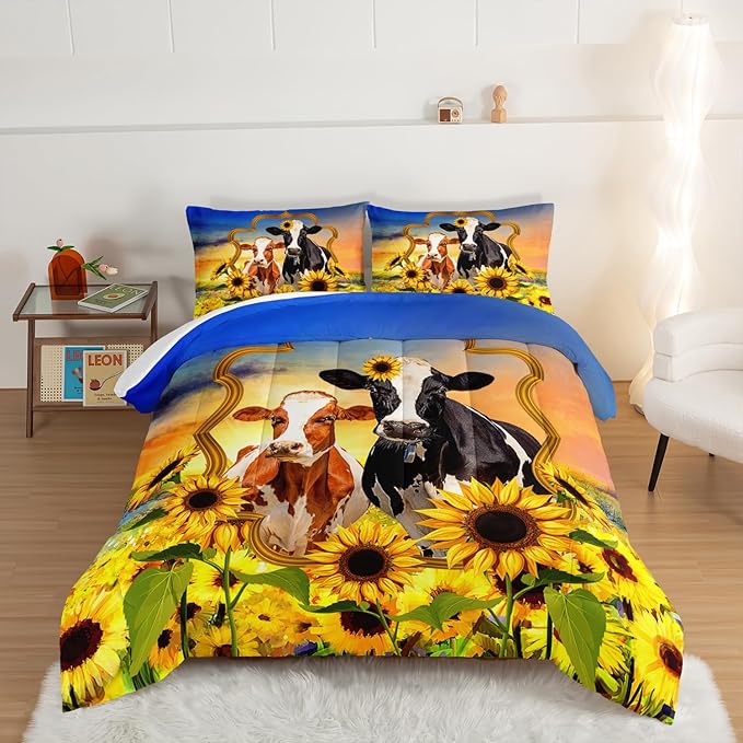 HOSIMA Animal Theme Bedding Set Bull and Cow Comforter with 2 Pillowcases,Sunflower Full Size Comforter Set for Adults Teens Kids,Brown Cowhide Black White Cow Print Western Bedding Sets. - LeafyLoom