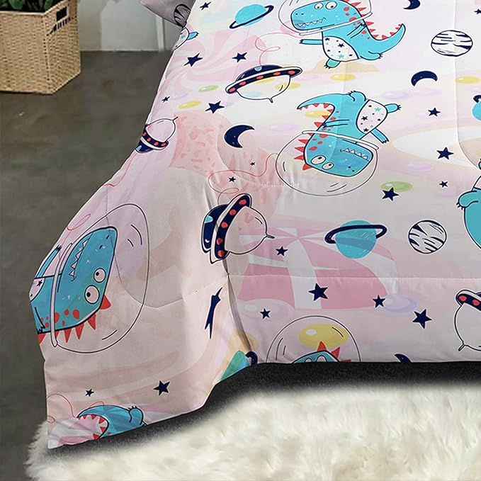 NINENINE Pink Dinosaur Comforter Set Colorful Rainbow Castle UFO Space Theme Bedding, Twin Comforter Sets for Boys Girls Kawaii Bedding Set with 1 Comforter 1 Pillowcase - LeafyLoom