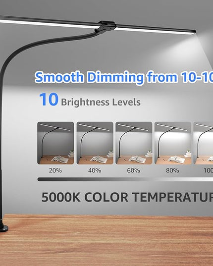 ShineTech LED Desk Lamp for Home Office, 5000K Bright Double Head Architect Task Lamps with Clamp, Dimmable Adjustable Flexible Gooseneck, Black - LeafyLoom