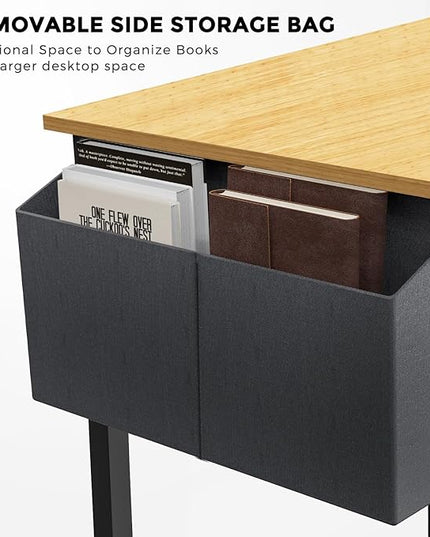 JHK Computer Small Desk Office 32 Inch Writing Work Kids Study Simple Wooden Table for Home Bedroom Modern Style with Headphone Hooks & Storage Bag, Nature - LeafyLoom
