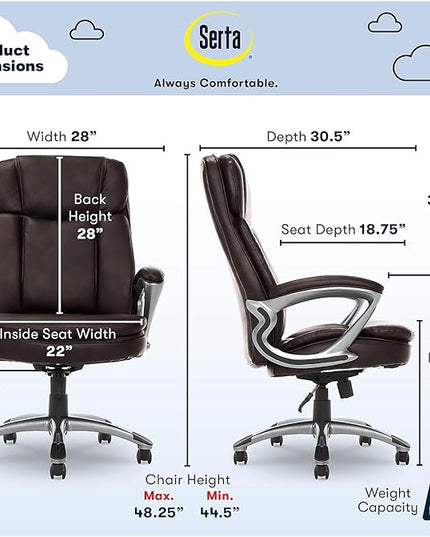 Serta Fairbanks Big and Tall High Back Executive Office Ergonomic Gaming Computer Chair with Layered Body Pillows, Contoured Lumbar Zone, Brown - LeafyLoom