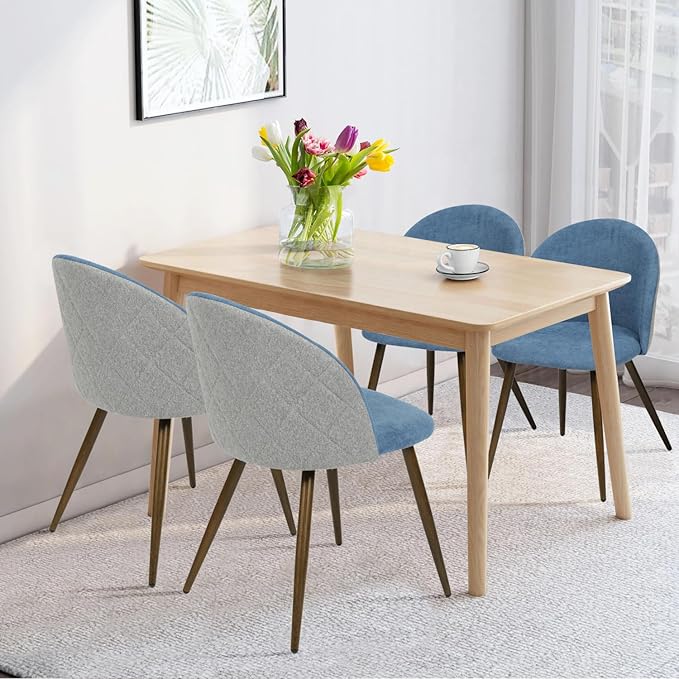 FurnitureR Upholstered Fabric Dining Chair Mid Back Armless with Wood Legs for Home Kitchen Bedroom Living Room, Set of 2, Blue/Grey - LeafyLoom